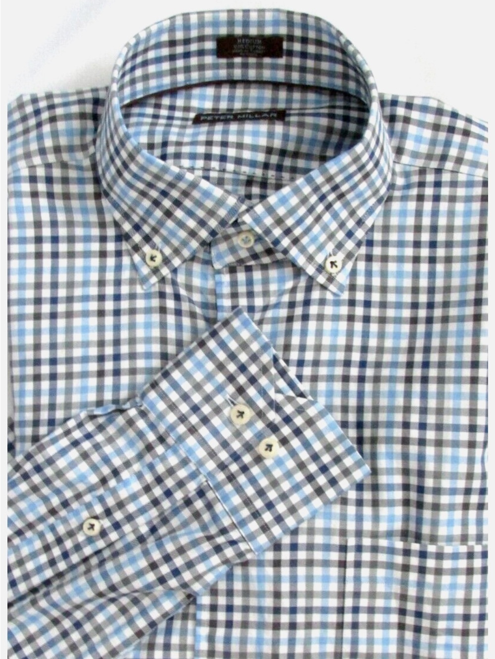 Peter Millar Blue and Black Gingham Button-Down Shirt, XL